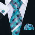 Blue Green Plaid Silk Tie Set - GentCrest