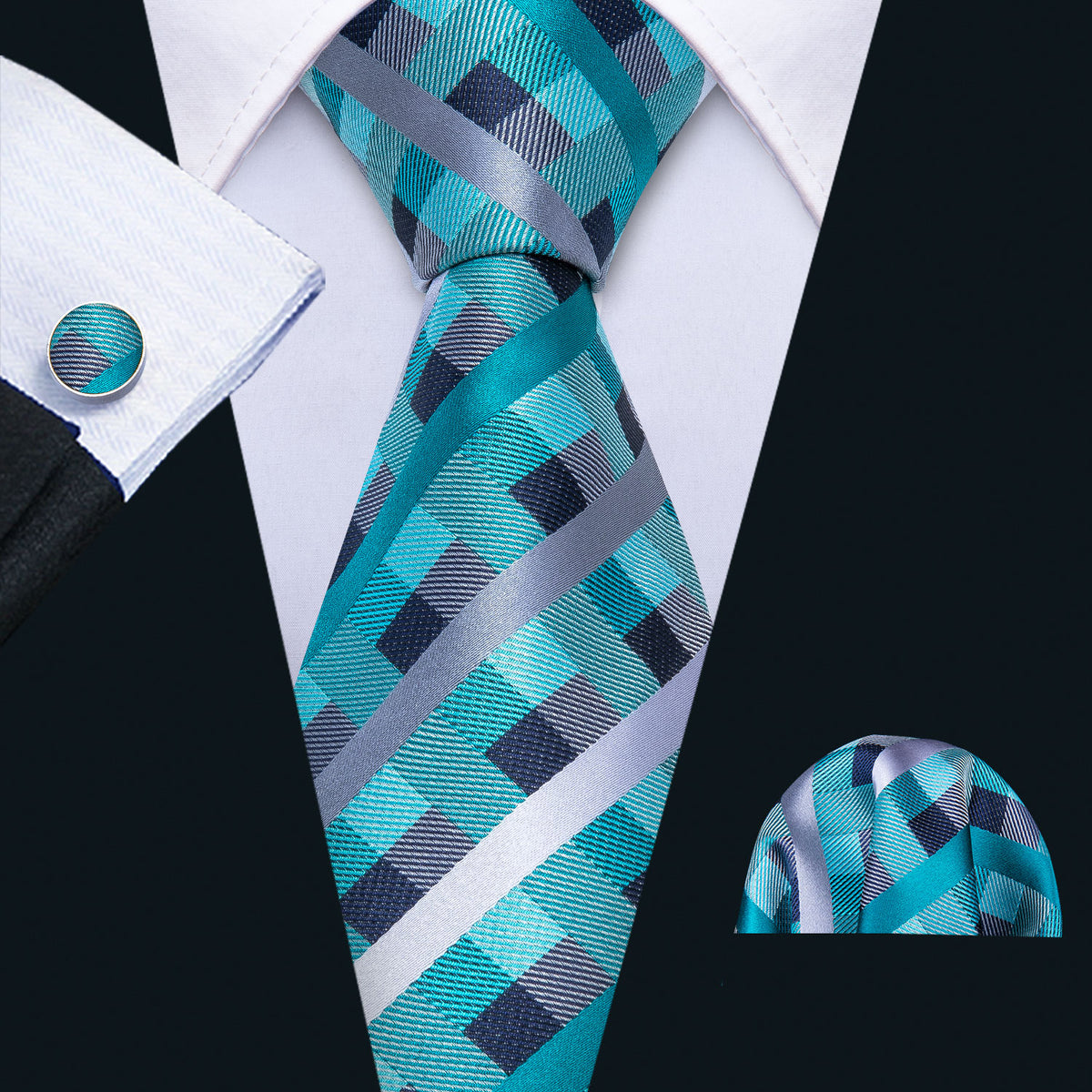 Blue Green Plaid Silk Tie Set - GentCrest
