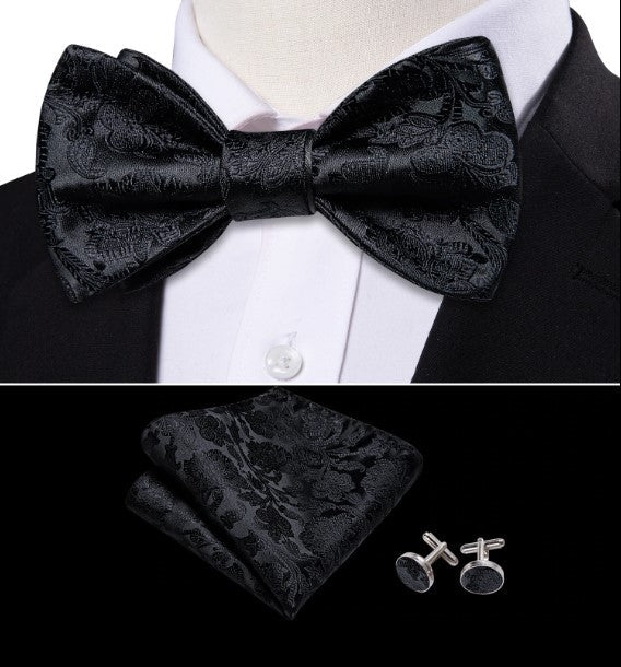 Black Paisley Silk Bow Tie Set with Pocket Square & Cufflinks - GentCrest - View 2