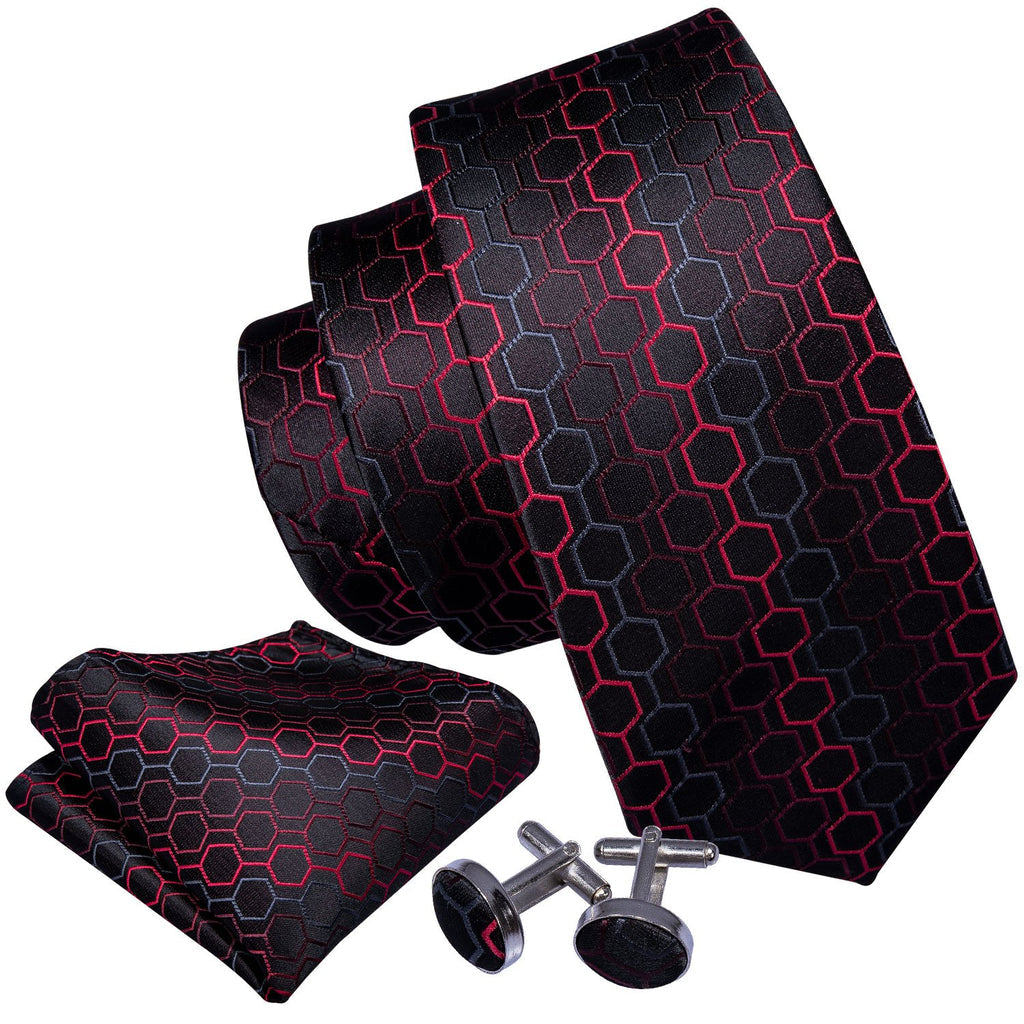 Black Red Geometric Plaid Silk with Brooch Silk Tie Set - GentCrest - View 2