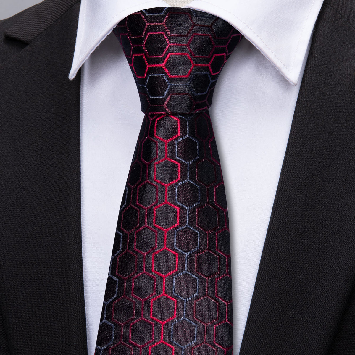 Bold Black and Red Geometric Plaid Silk with Pocket Square and Cufflinks Silk Tie Set - GentCrest - View 2