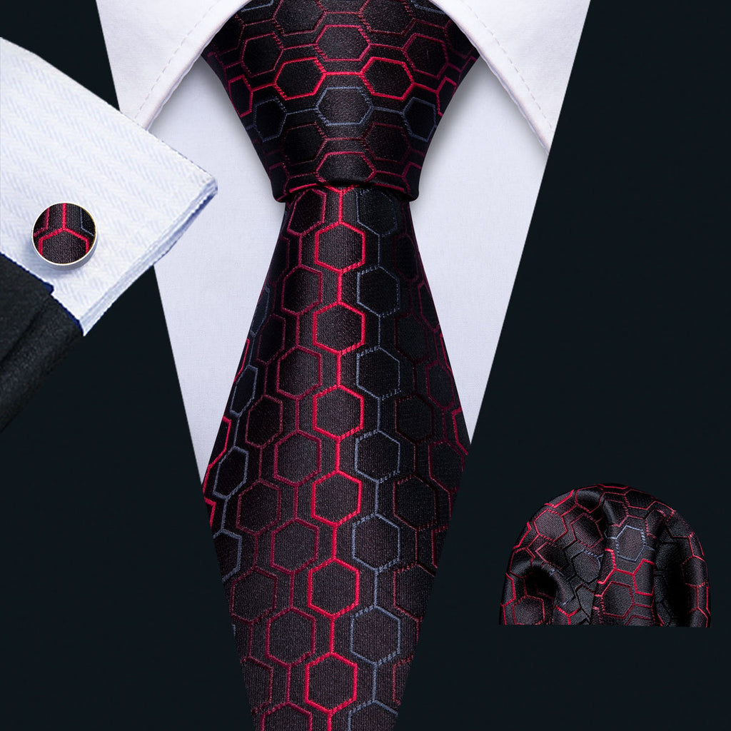 Bold Black and Red Geometric Plaid Silk with Pocket Square and Cufflinks Silk Tie Set - GentCrest