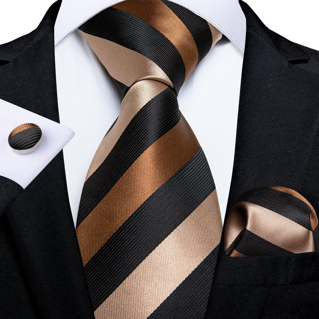 Silver, Brown and Black Striped Silk Tie Set - GentCrest