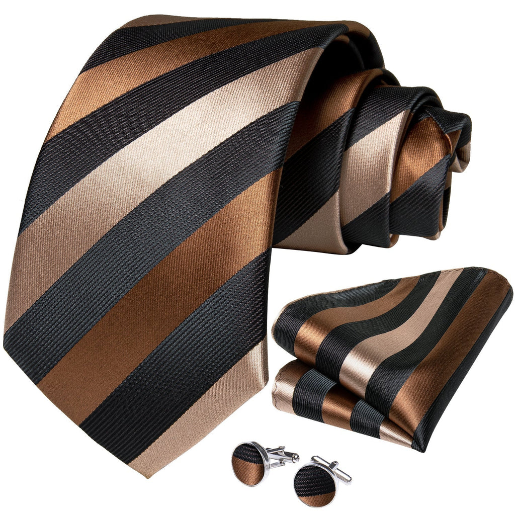 Silver, Brown and Black Striped Silk Tie Set - GentCrest - View 3