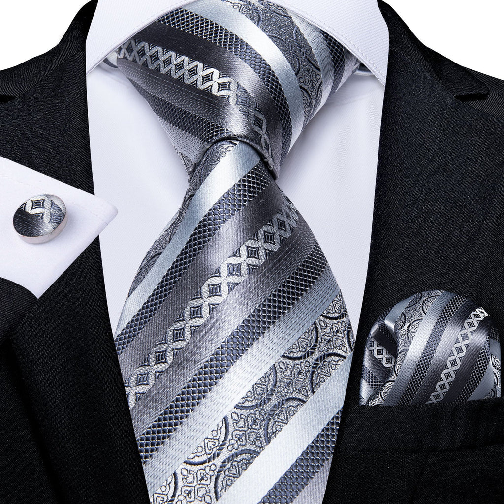 GentCrest Grey Striped Tie Hanky Cufflinks Set - Image 1