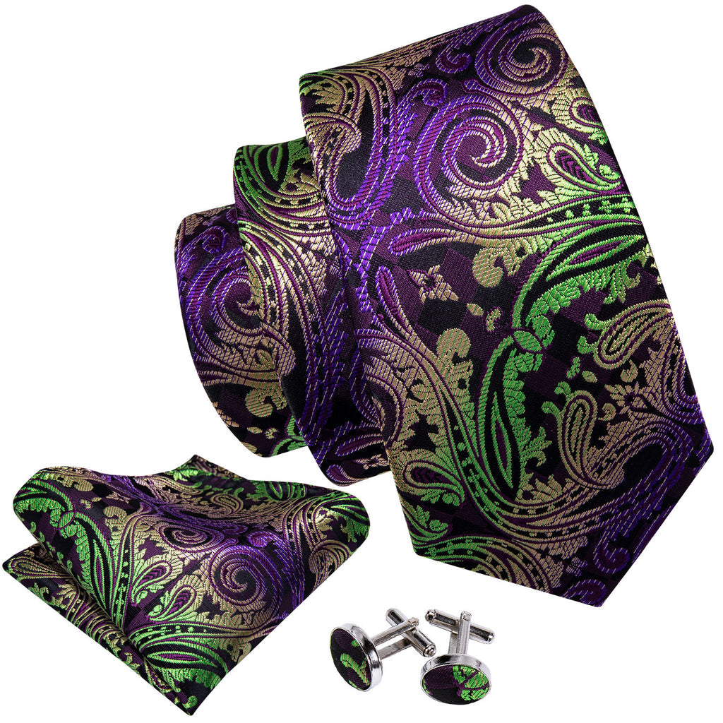 Green, Purple and Black Paisley Silk Tie Set - GentCrest - View 3