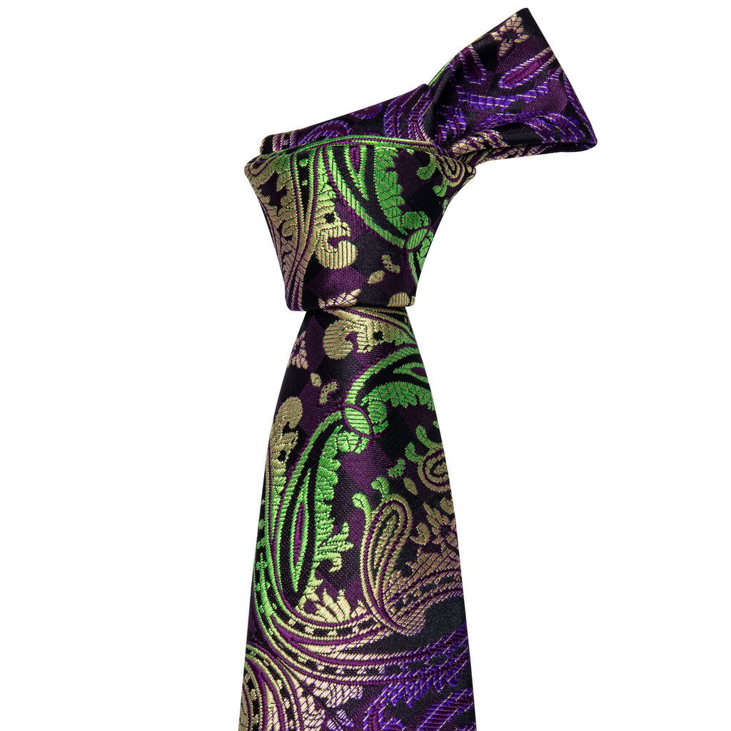 Green, Purple and Black Paisley Silk Tie Set - GentCrest - View 2