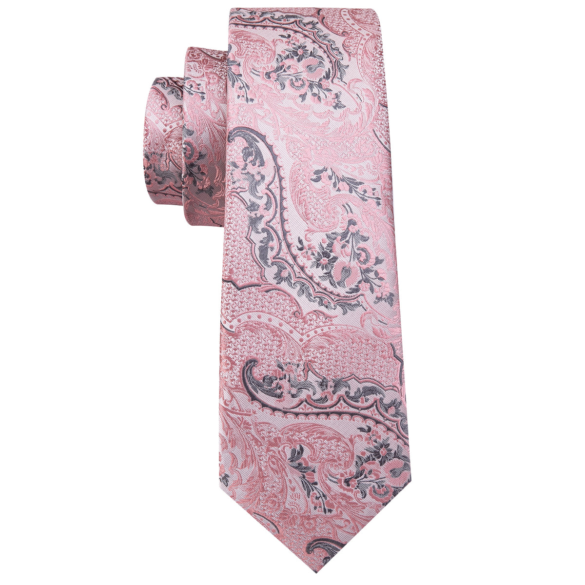 Elegant Silver and Pink Paisley Floral Silk with Pocket Square and Cufflinks Silk Tie Set - GentCrest - View 4