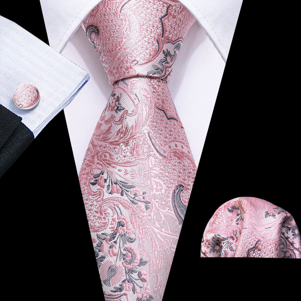 Elegant Silver and Pink Paisley Floral Silk with Pocket Square and Cufflinks Silk Tie Set - GentCrest