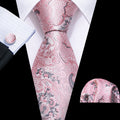 Elegant Silver and Pink Paisley Floral Silk with Pocket Square and Cufflinks Silk Tie Set - GentCrest