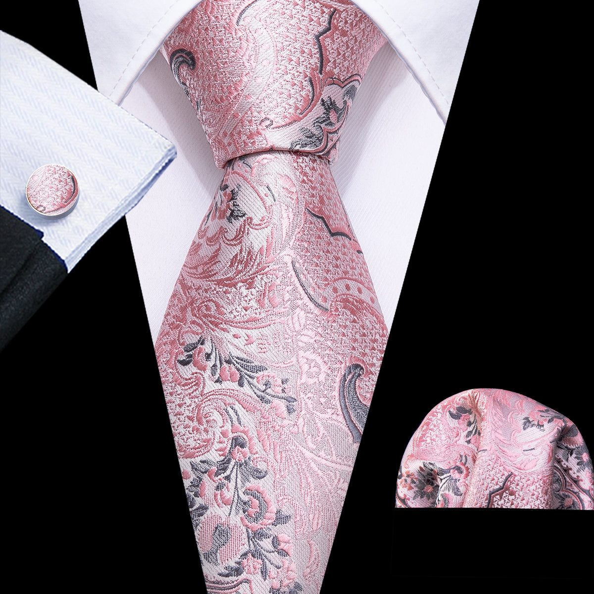 Elegant Silver and Pink Paisley Floral Silk with Pocket Square and Cufflinks Silk Tie Set - GentCrest