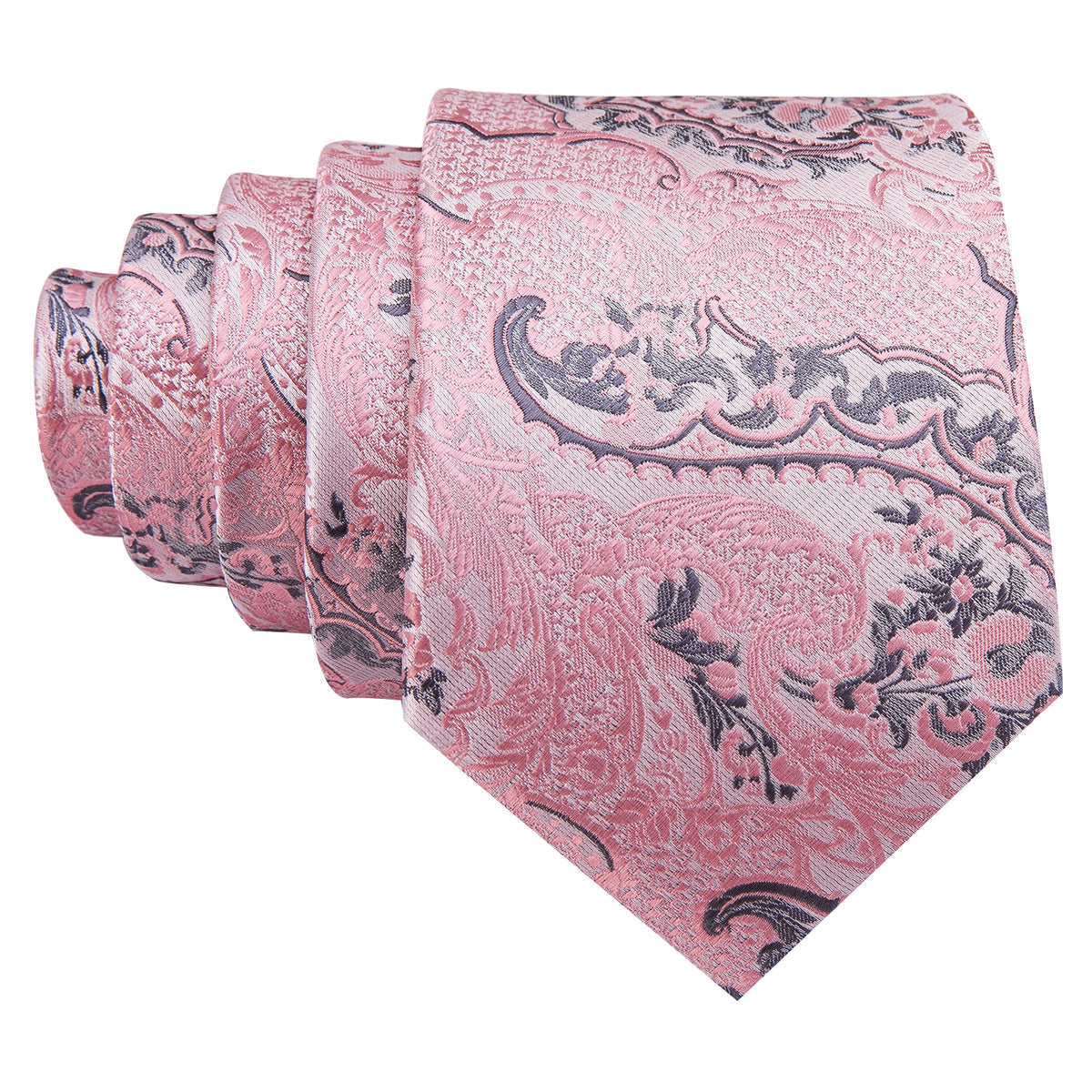 Elegant Silver and Pink Paisley Floral Silk with Pocket Square and Cufflinks Silk Tie Set - GentCrest - View 3