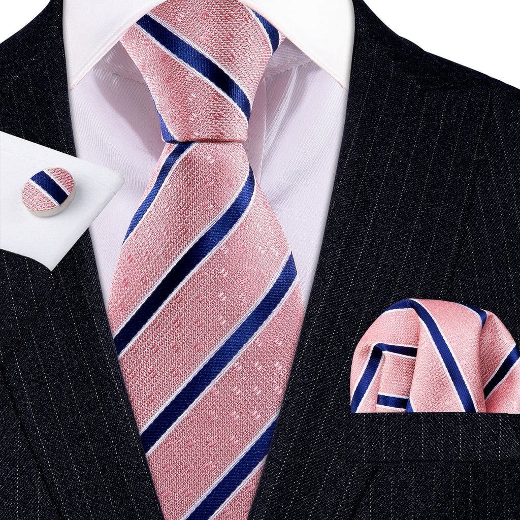 Coral Pink Blue Stripes Silk Tie Set - GentCrest