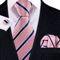 Coral Pink Blue Stripes Silk Tie Set - GentCrest