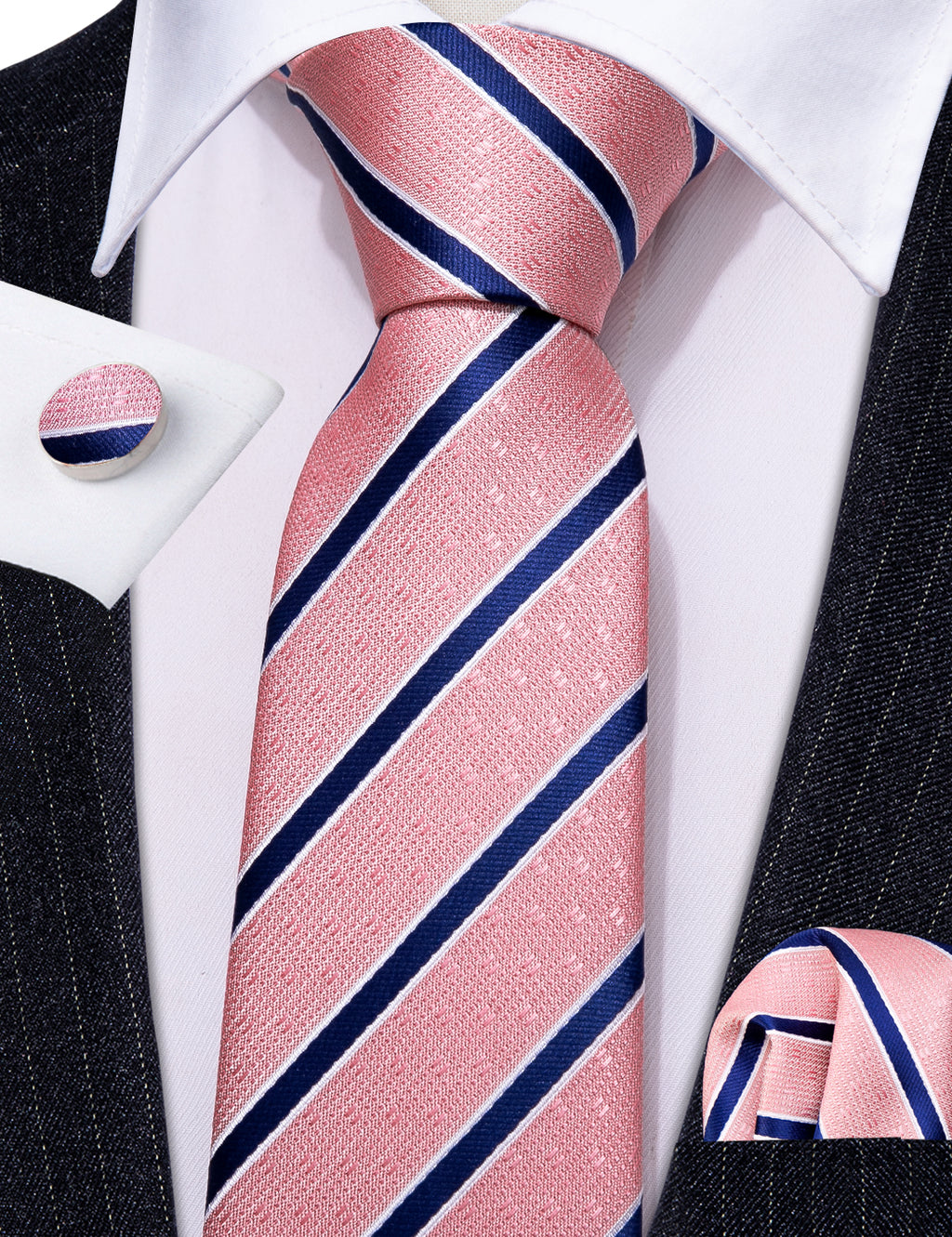 Coral Pink Blue Stripes Silk Tie Set - GentCrest - View 3