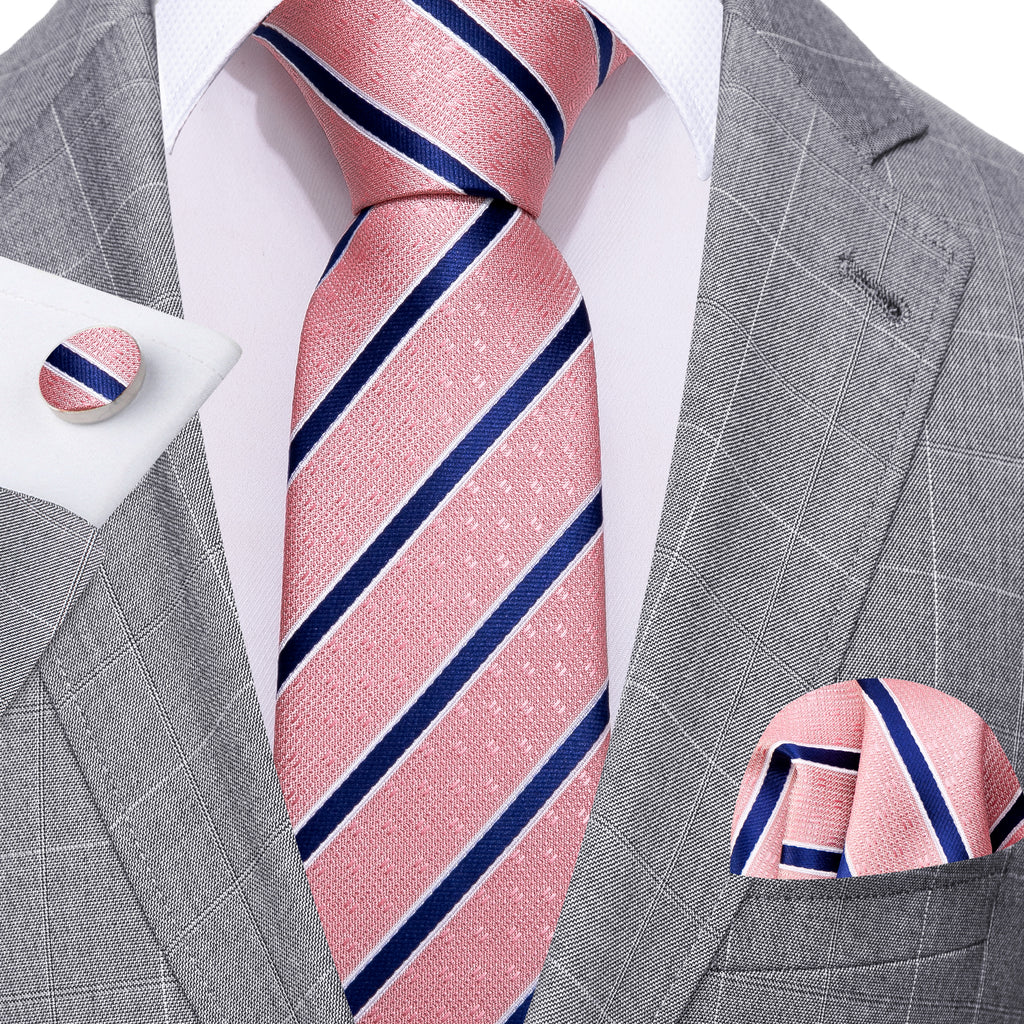 Coral Pink Blue Stripes Silk Tie Set - GentCrest - View 2