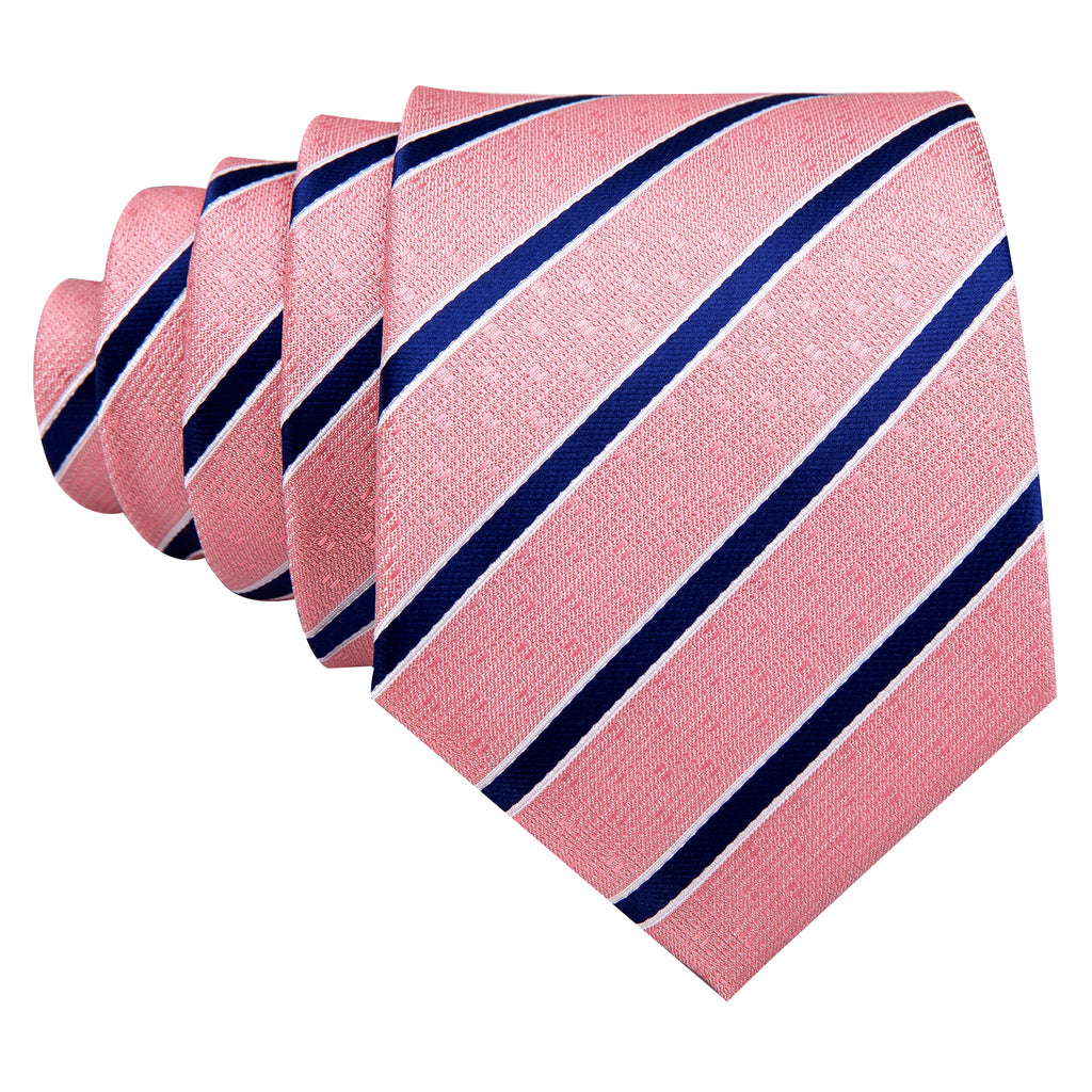 Coral Pink Blue Stripes Silk Tie Set - GentCrest - View 5