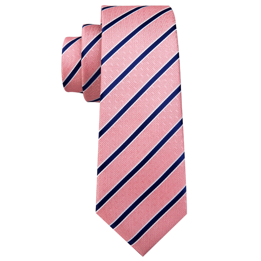Coral Pink Blue Stripes Silk Tie Set - GentCrest - View 6