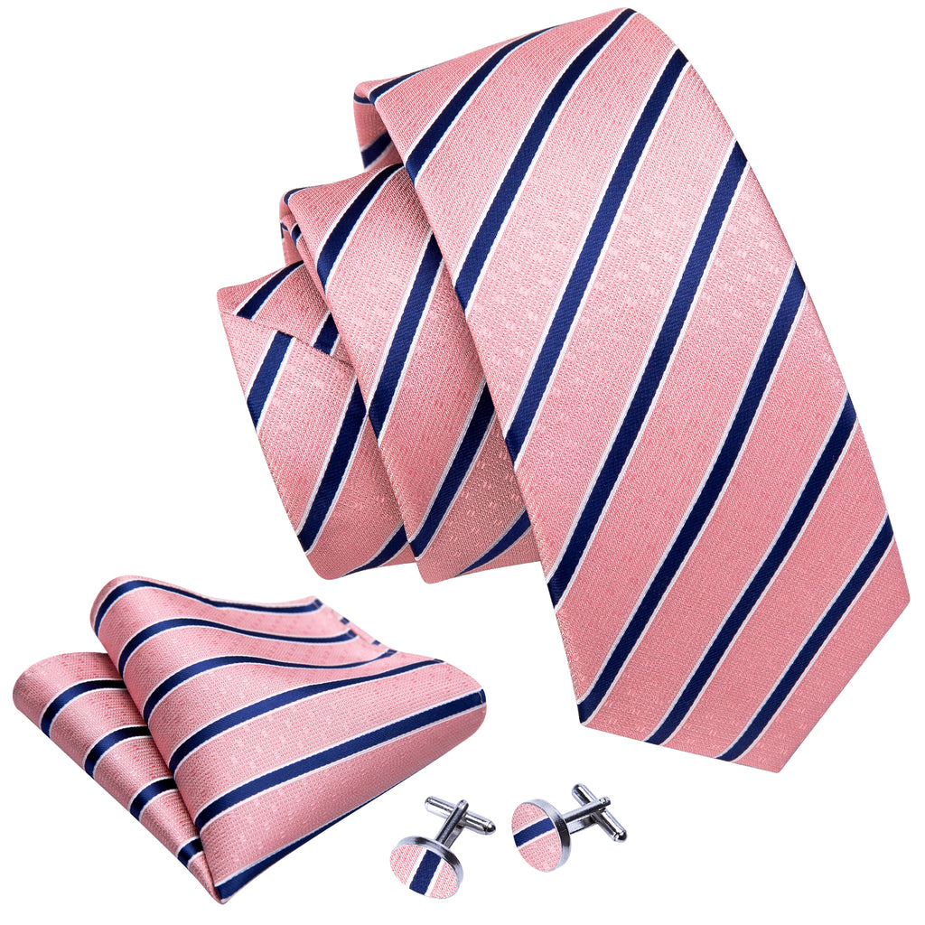 Coral Pink Blue Stripes Silk Tie Set - GentCrest - View 4