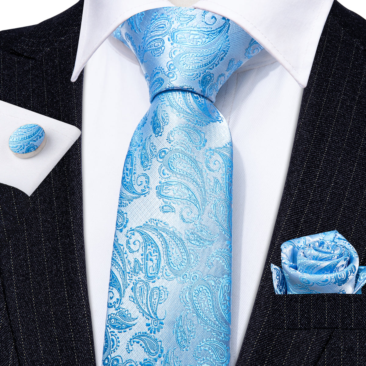 Light Blue Paisley Silk Tie Set - GentCrest - View 4