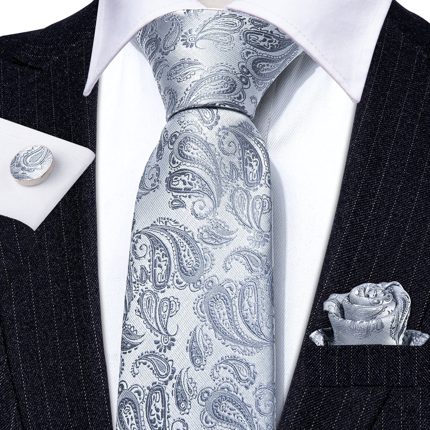 GentCrest Grey Paisley Tie Hanky Cufflinks Set - Image 6