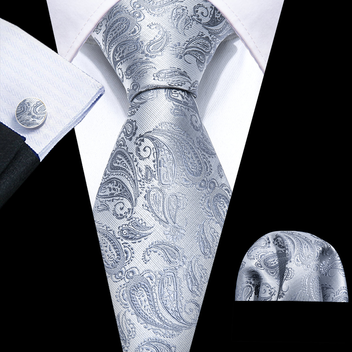 Silver Paisley Silk Tie Set - GentCrest