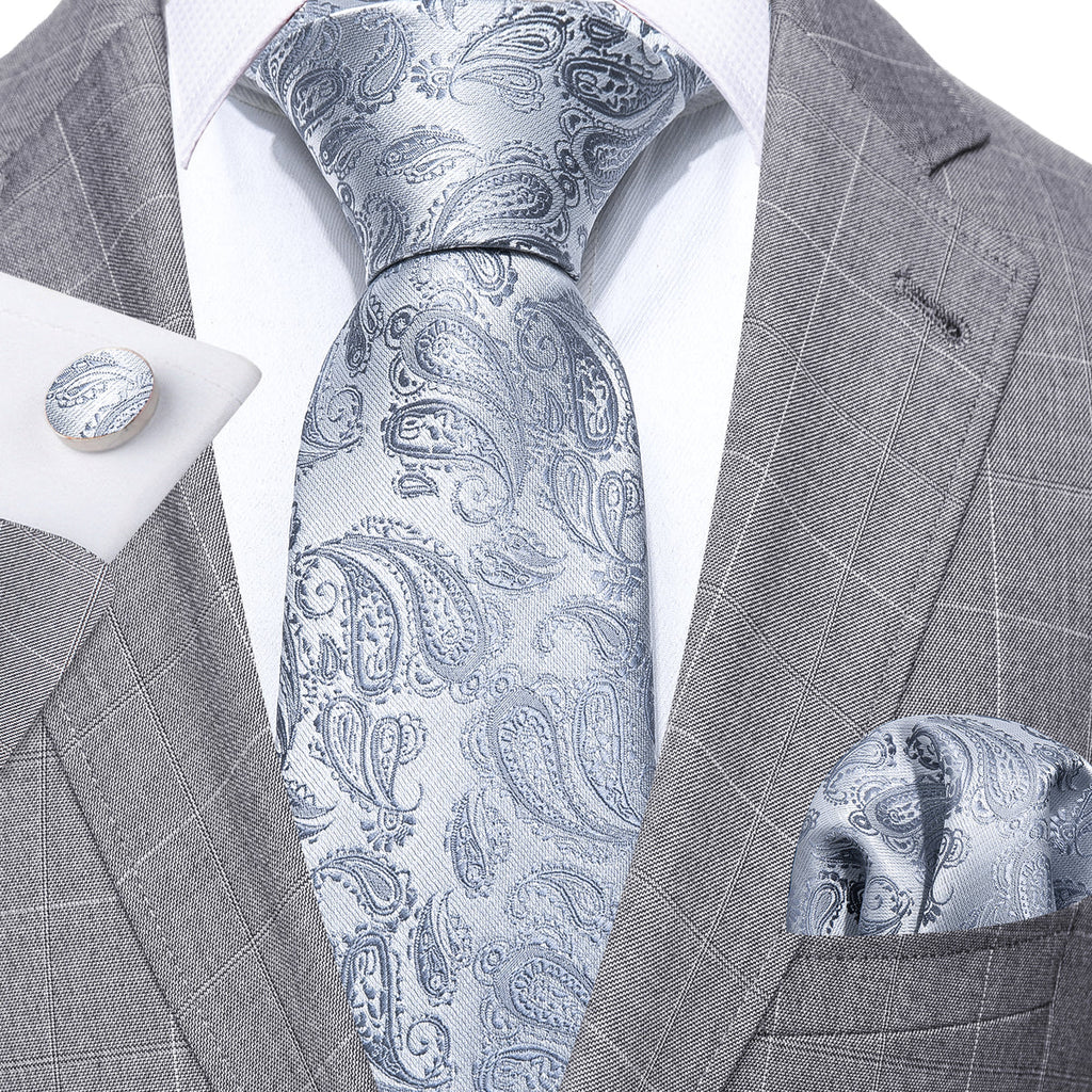 Silver Paisley Silk Tie Set - GentCrest - View 2