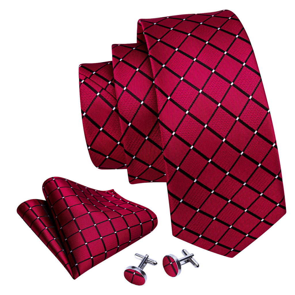 Red & Black Plaid Silk Tie Set - GentCrest - View 2
