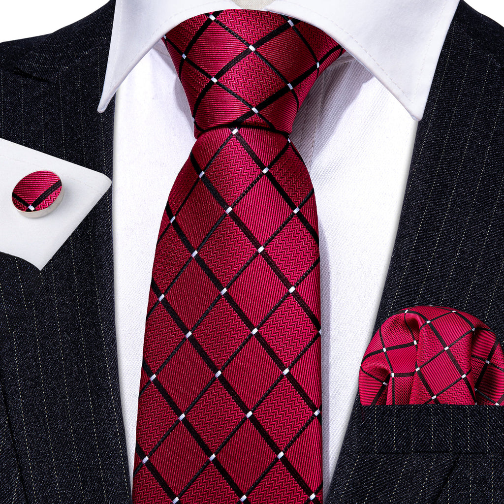 Red & Black Plaid Silk Tie Set - GentCrest - View 5