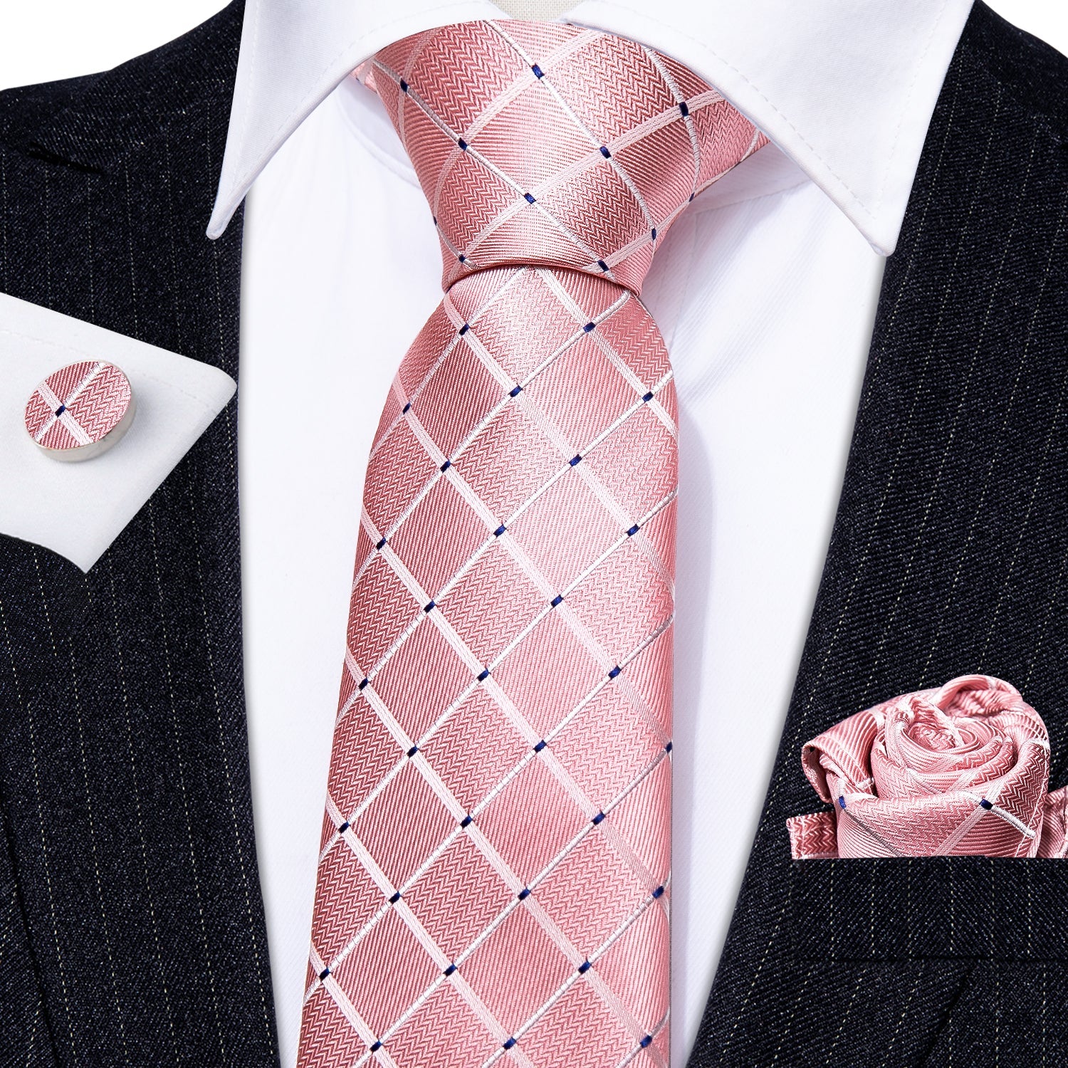 GentCrest Pink Plaid Tie Hanky Cufflinks Set - Image 3