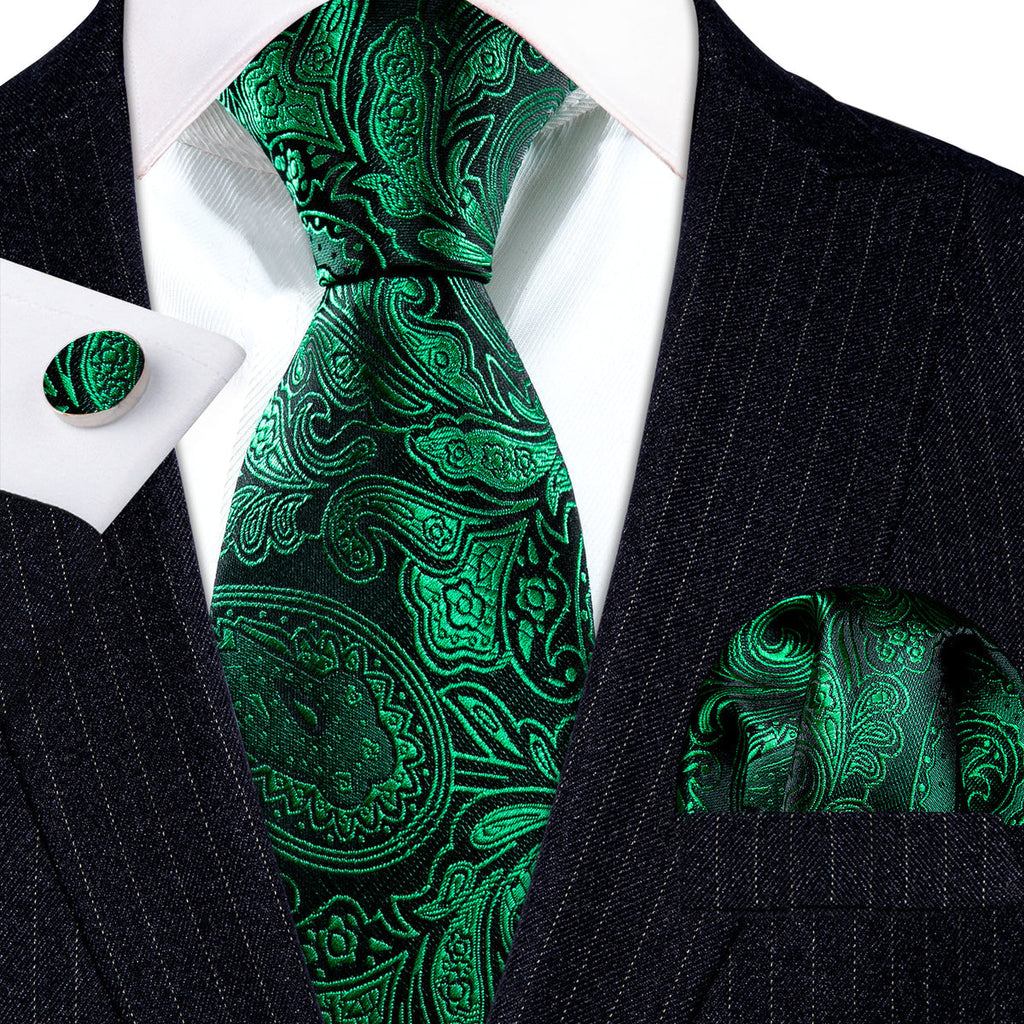 Dark Green Paisley Silk Tie Set - GentCrest