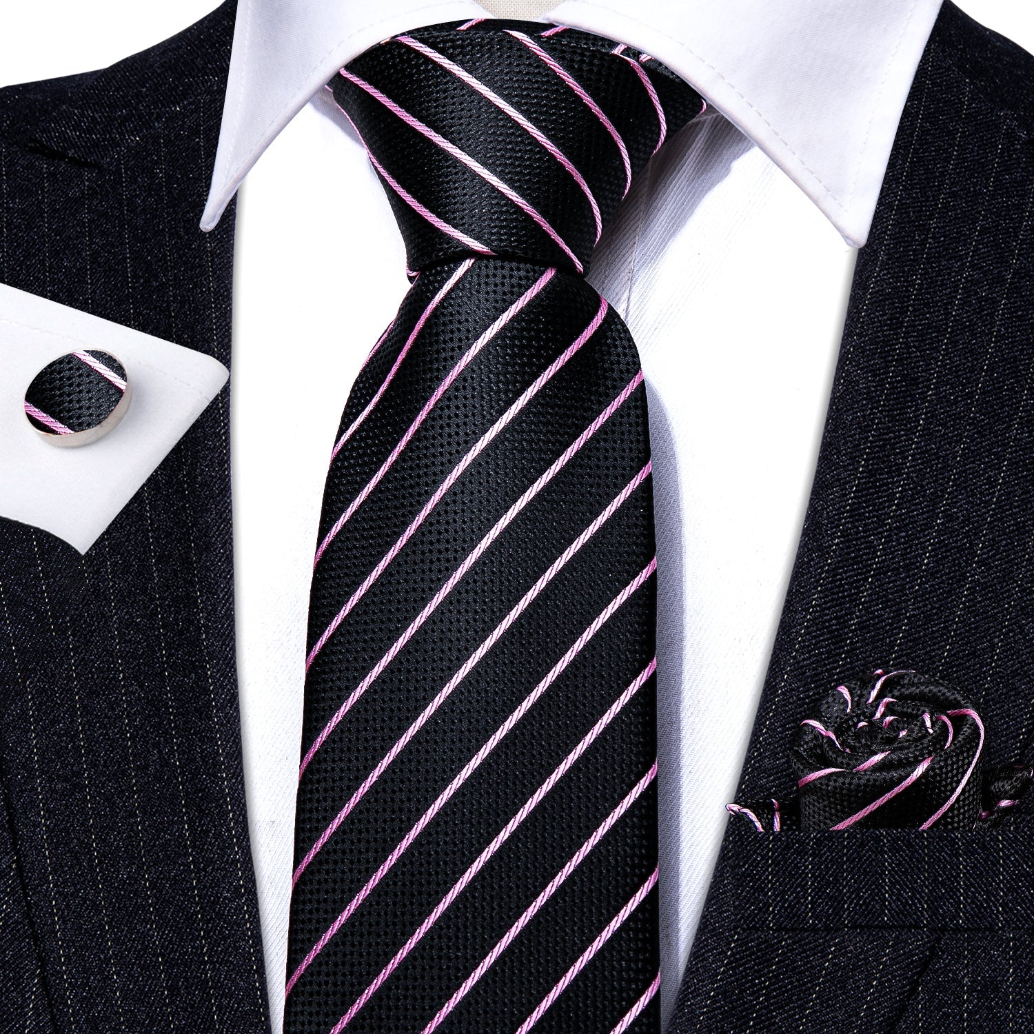 GentCrest Black Striped Tie Hanky Cufflinks Set - Image 2