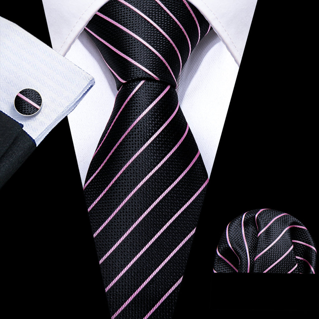 Black Pink Striped Silk Tie Set - GentCrest - View 3
