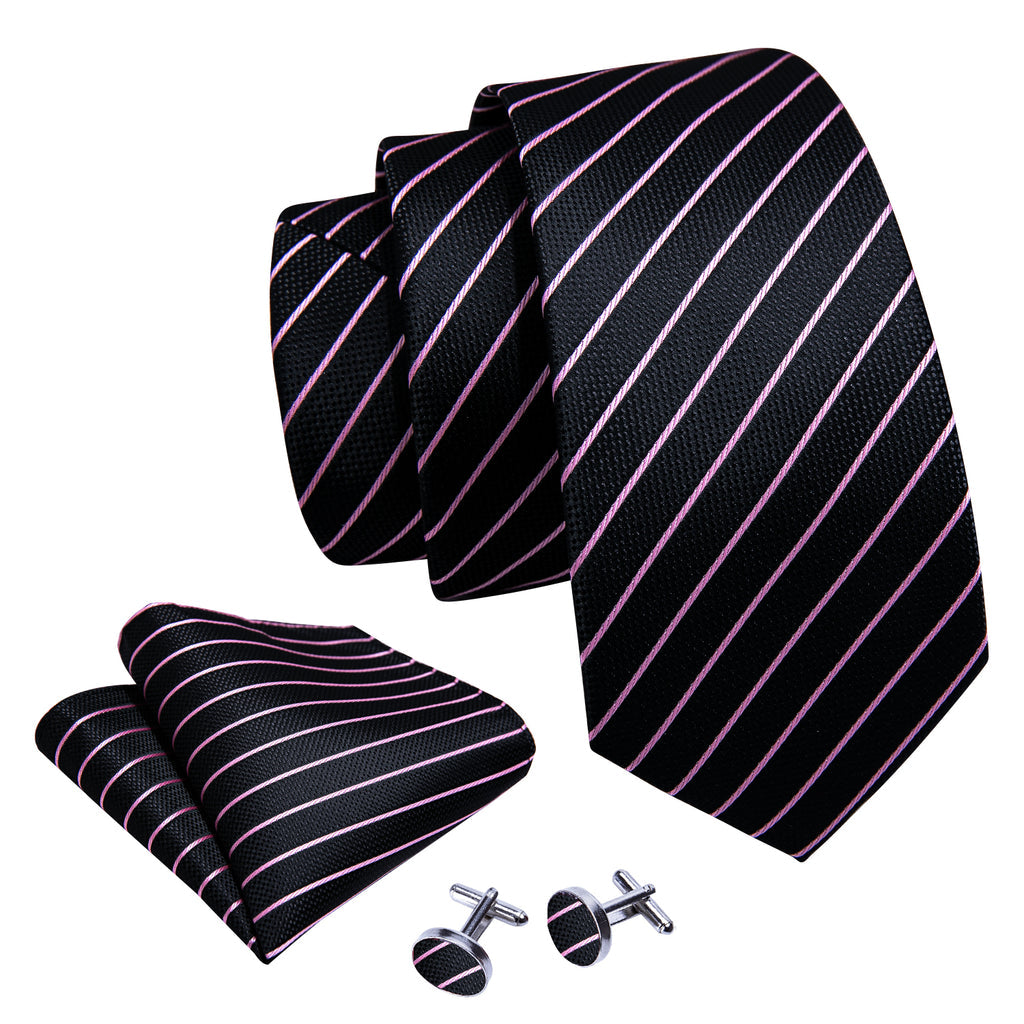 Black Pink Striped Silk Tie Set - GentCrest - View 4