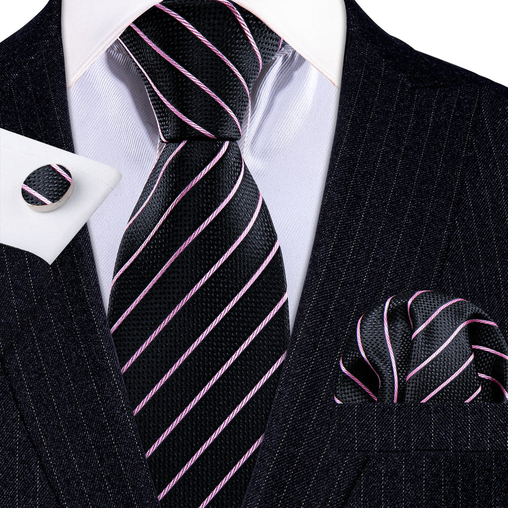 Black Pink Striped Silk Tie Set - GentCrest