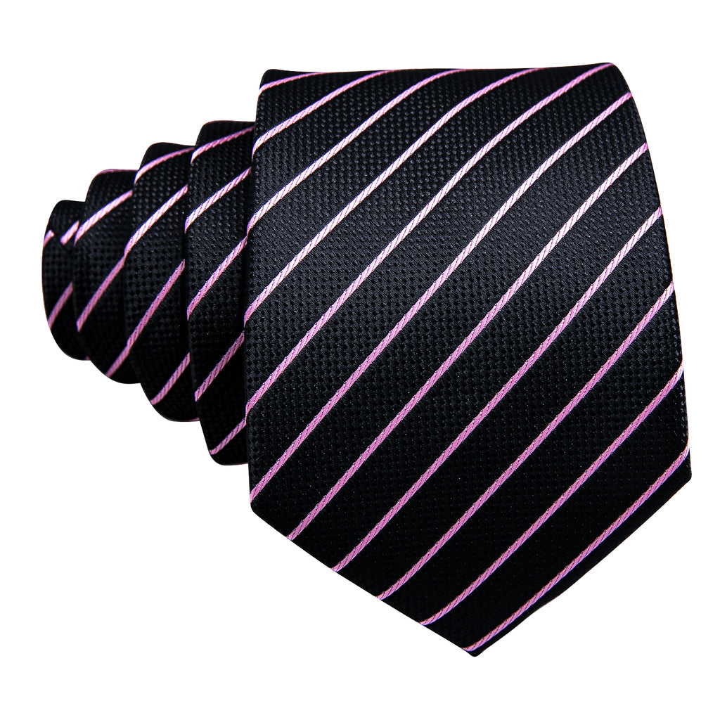 Black Pink Striped Silk Tie Set - GentCrest - View 6