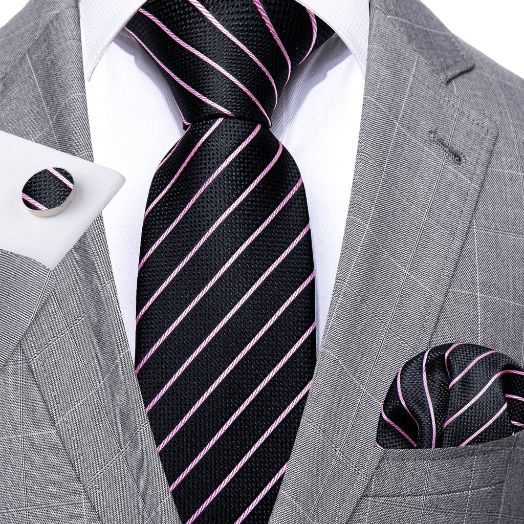 Black Pink Striped Silk Tie Set - GentCrest - View 2