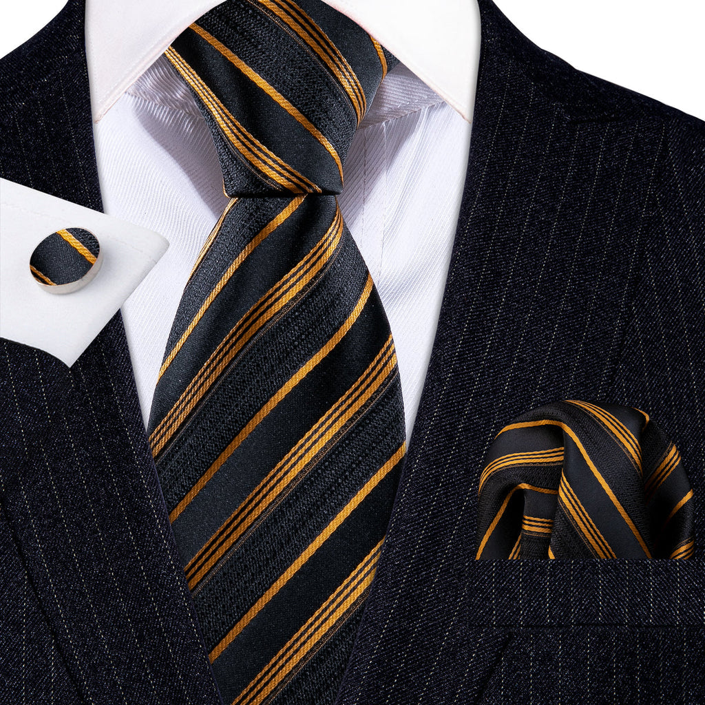 Gold Black Striped Silk Tie Set - GentCrest