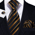Gold Black Striped Silk Tie Set - GentCrest