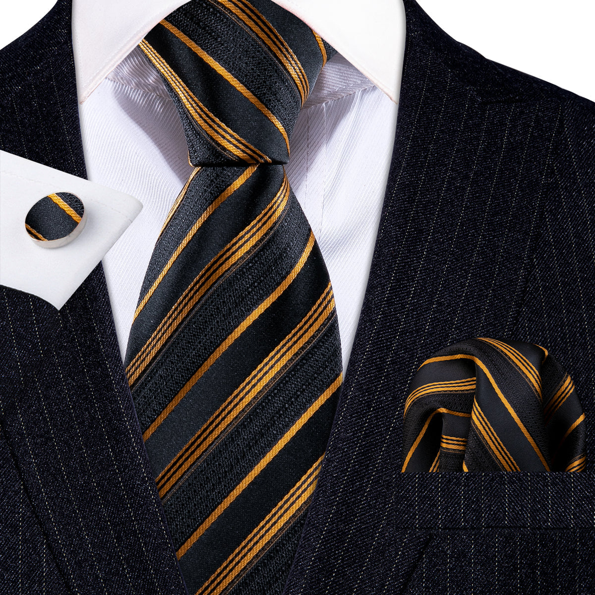 Gold Black Striped Silk Tie Set - GentCrest