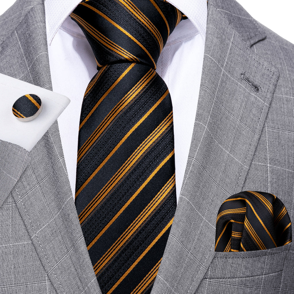 Gold Black Striped Silk Tie Set - GentCrest - View 2