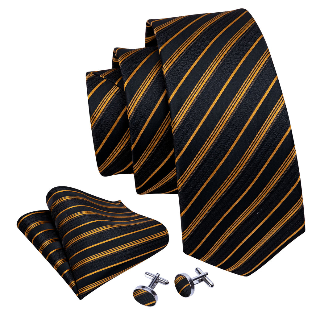 Gold Black Striped Silk Tie Set - GentCrest - View 5