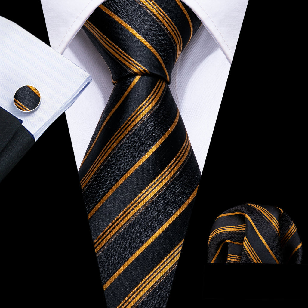 Gold Black Striped Silk Tie Set - GentCrest - View 3
