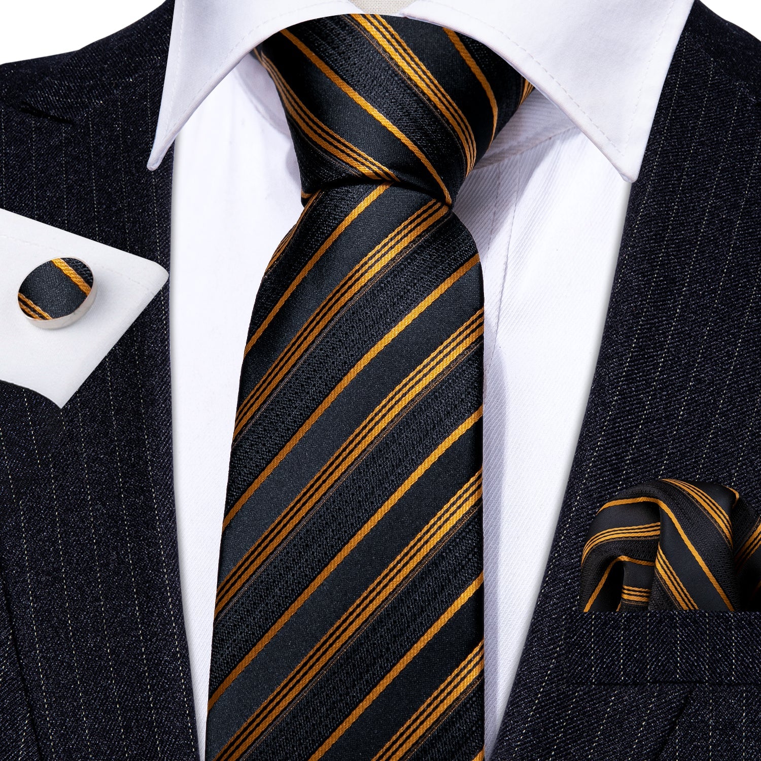 GentCrest Black Striped Tie Hanky Cufflinks Set - Image 2
