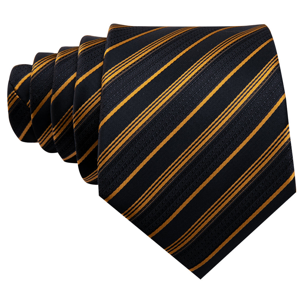 Gold Black Striped Silk Tie Set - GentCrest - View 4