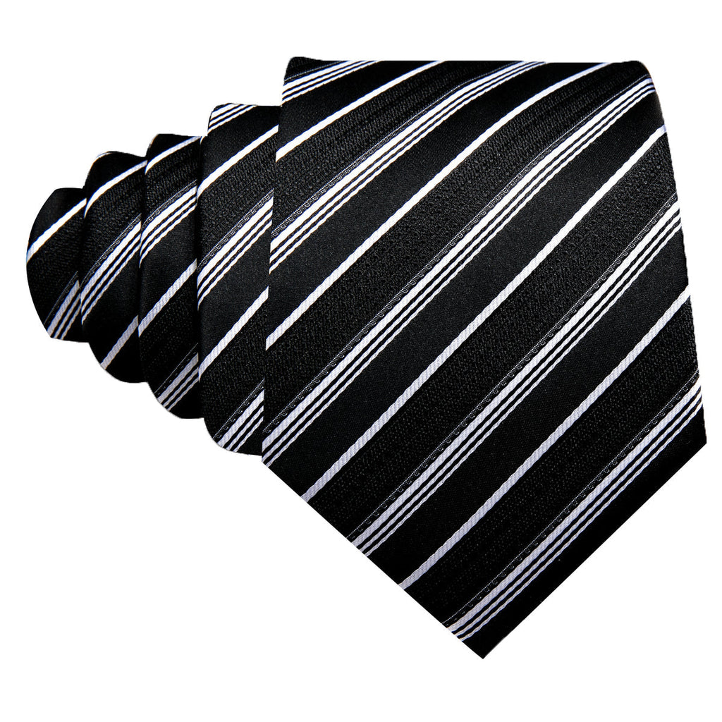 Black White Striped Paisley Silk Tie Set - GentCrest - View 5