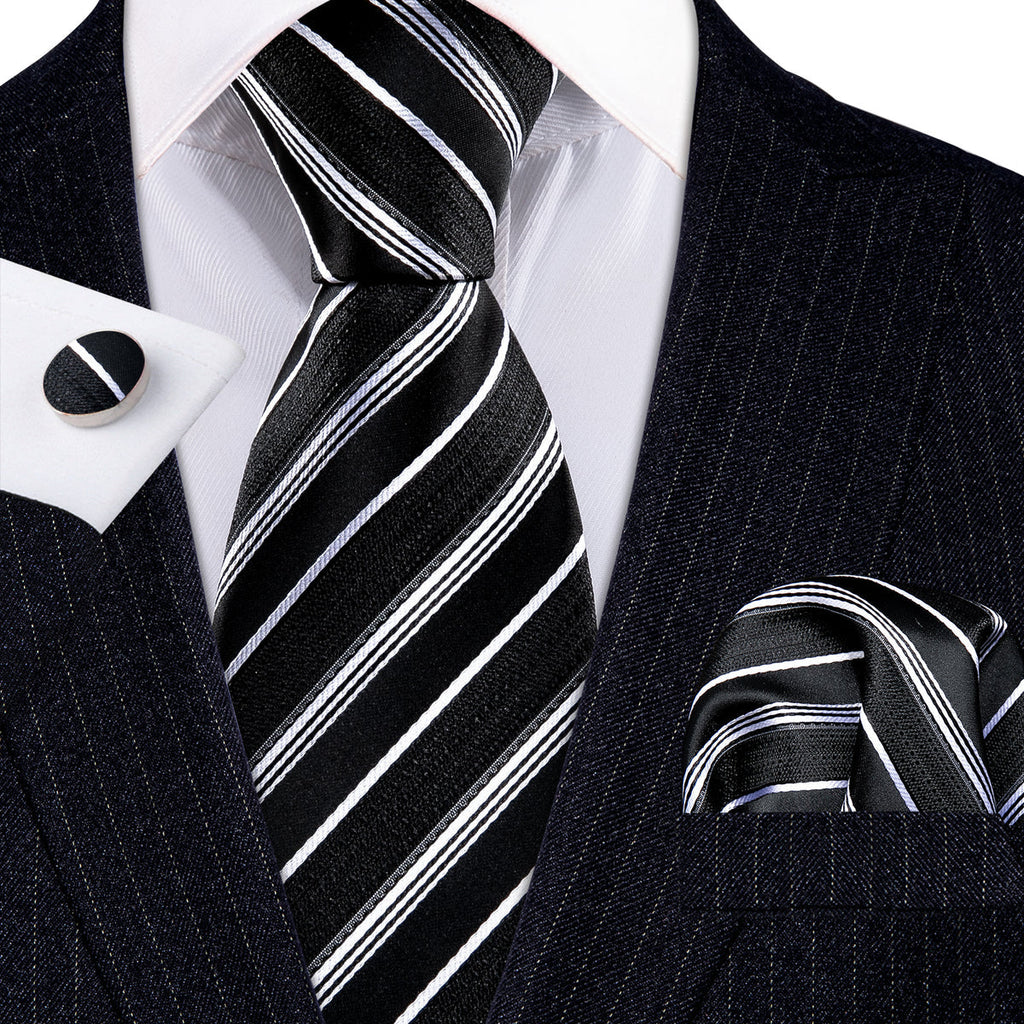 Black White Striped Paisley Silk Tie Set - GentCrest