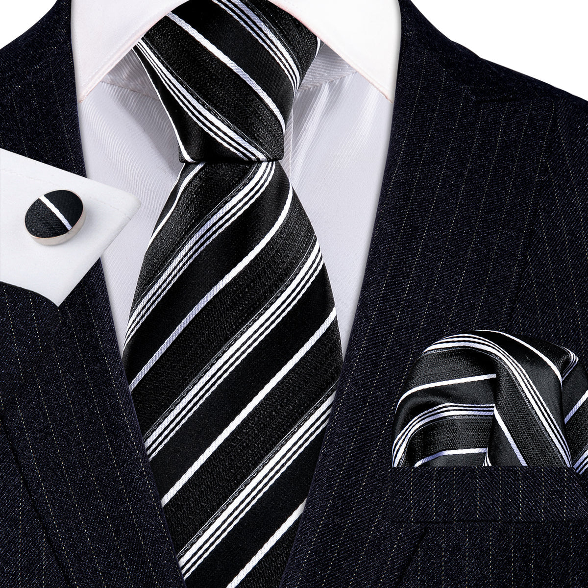Black White Striped Paisley Silk Tie Set - GentCrest