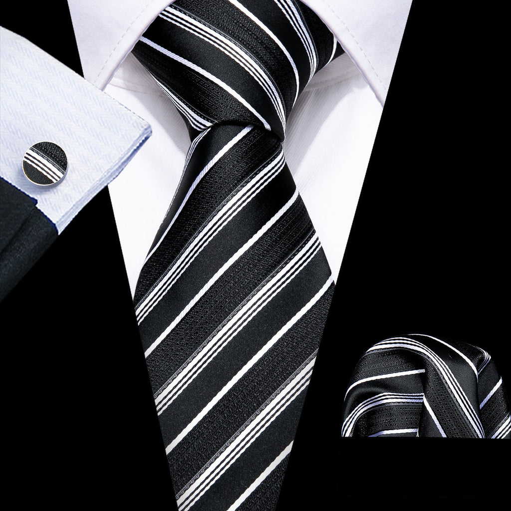 Black White Striped Paisley Silk Tie Set - GentCrest - View 7