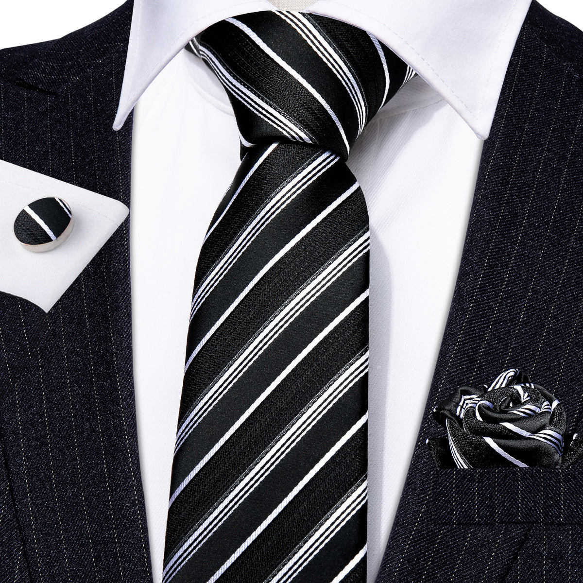 Black White Striped Paisley Silk Tie Set - GentCrest - View 3